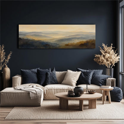 a modern living room with a large painting of a landscape hanging on the wall above a beige sofa with blue throw pillows. The room has a dark blue wall, a wooden coffee table, and a large window with white curtains. There are also two potted plants and decorative vases in the room, adding to the overall aesthetic.