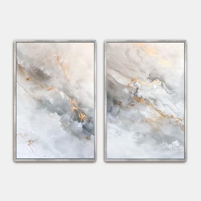 two abstract paintings with a marble-like texture, featuring a combination of white, gray, and gold colors.