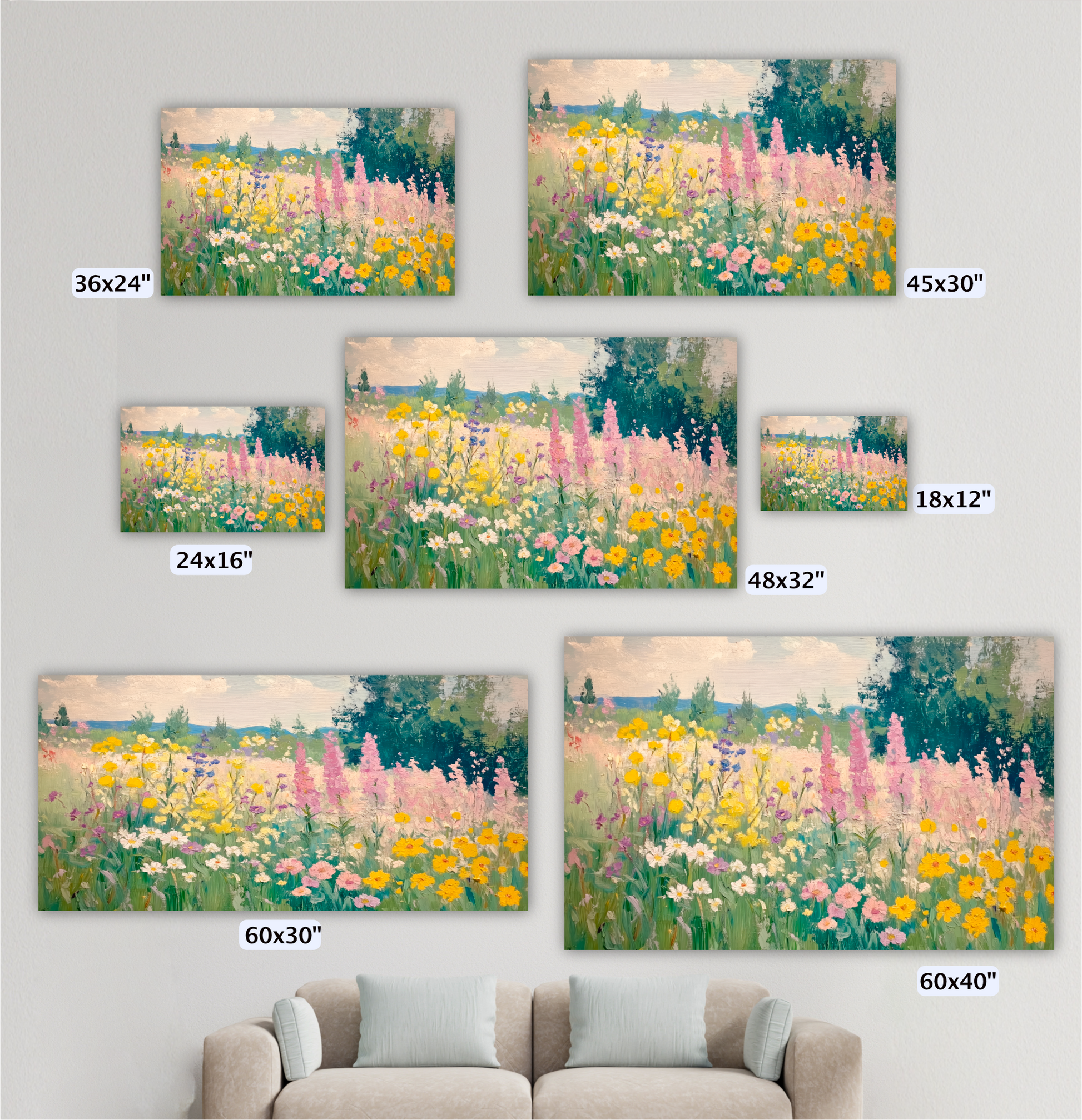 a collection of six different sizes of paintings or prints, each depicting a vibrant field of flowers. The paintings vary in size, ranging from 36x24" to 48x32", and are arranged in a grid-like pattern on the wall. The images showcase the beauty of the flowers and the landscape, creating a visually appealing display.