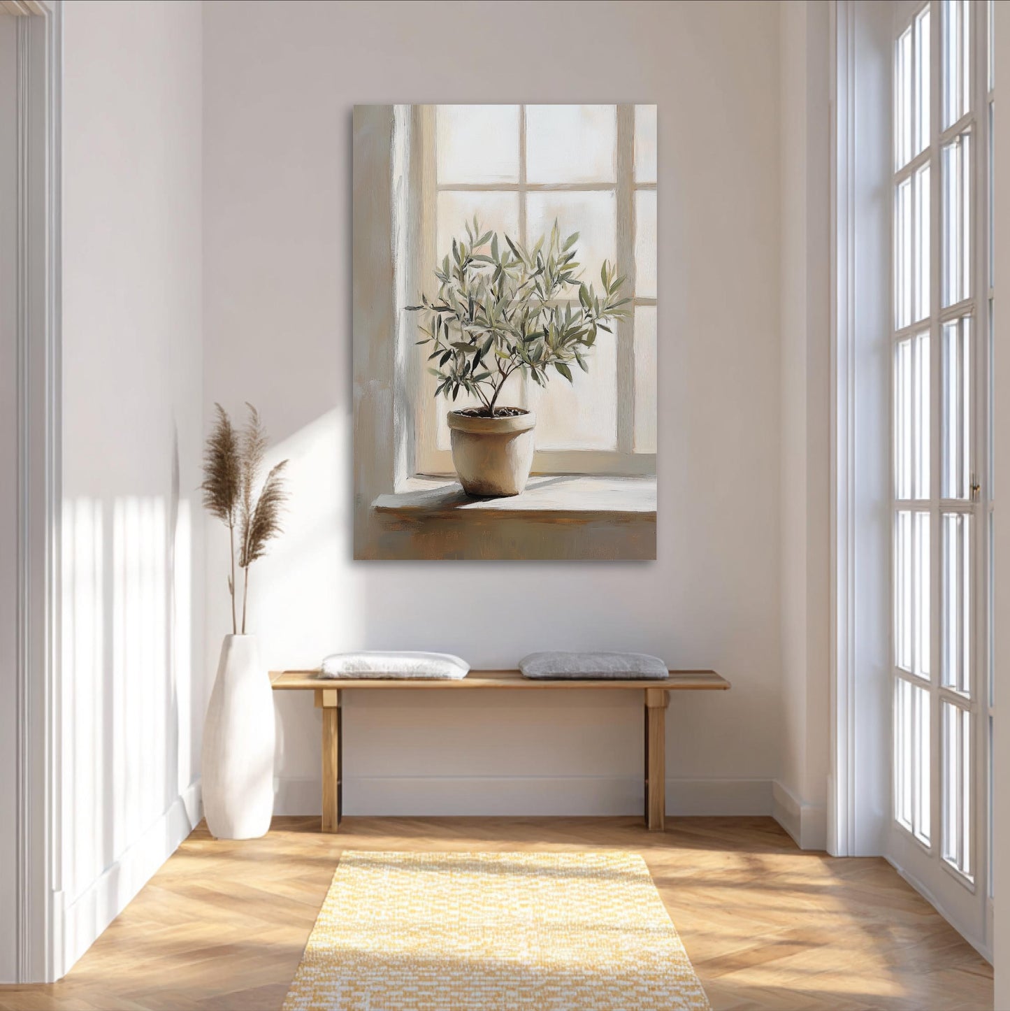 a serene and well-lit room with a large window, a wooden bench, a white vase with greenery, and a painting of a plant on the wall.