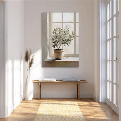a serene and well-lit room with a large window, a wooden bench, a white vase with greenery, and a painting of a plant on the wall.