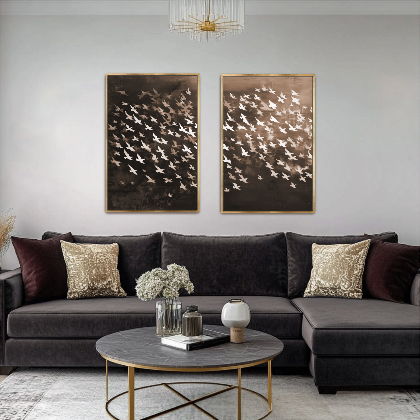 a modern living room with a gray sectional sofa, a round coffee table, and two framed artworks of birds on the wall.
