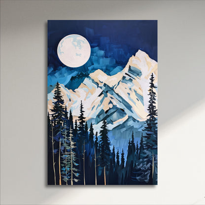 a serene night scene with a large full moon illuminating a snowy mountain landscape.