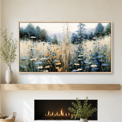 a large framed painting of a field of flowers hanging on a wall above a fireplace.