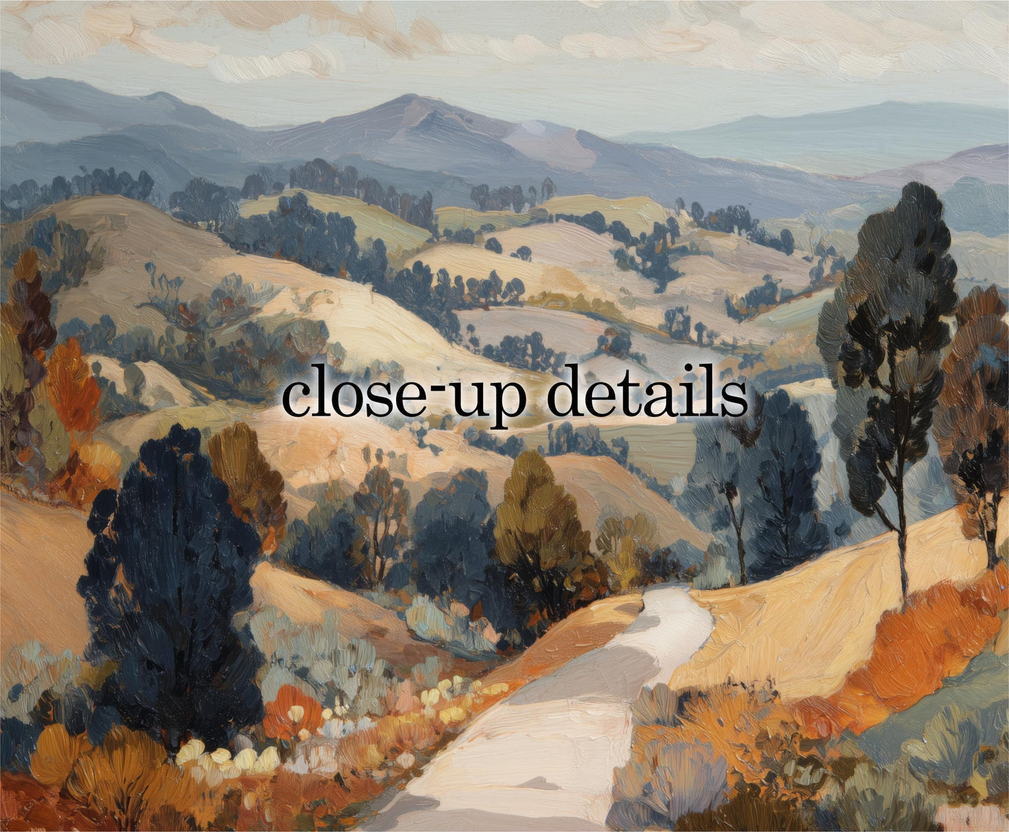 The image is a painting depicting a scenic countryside landscape with rolling hills, trees, and a winding road.