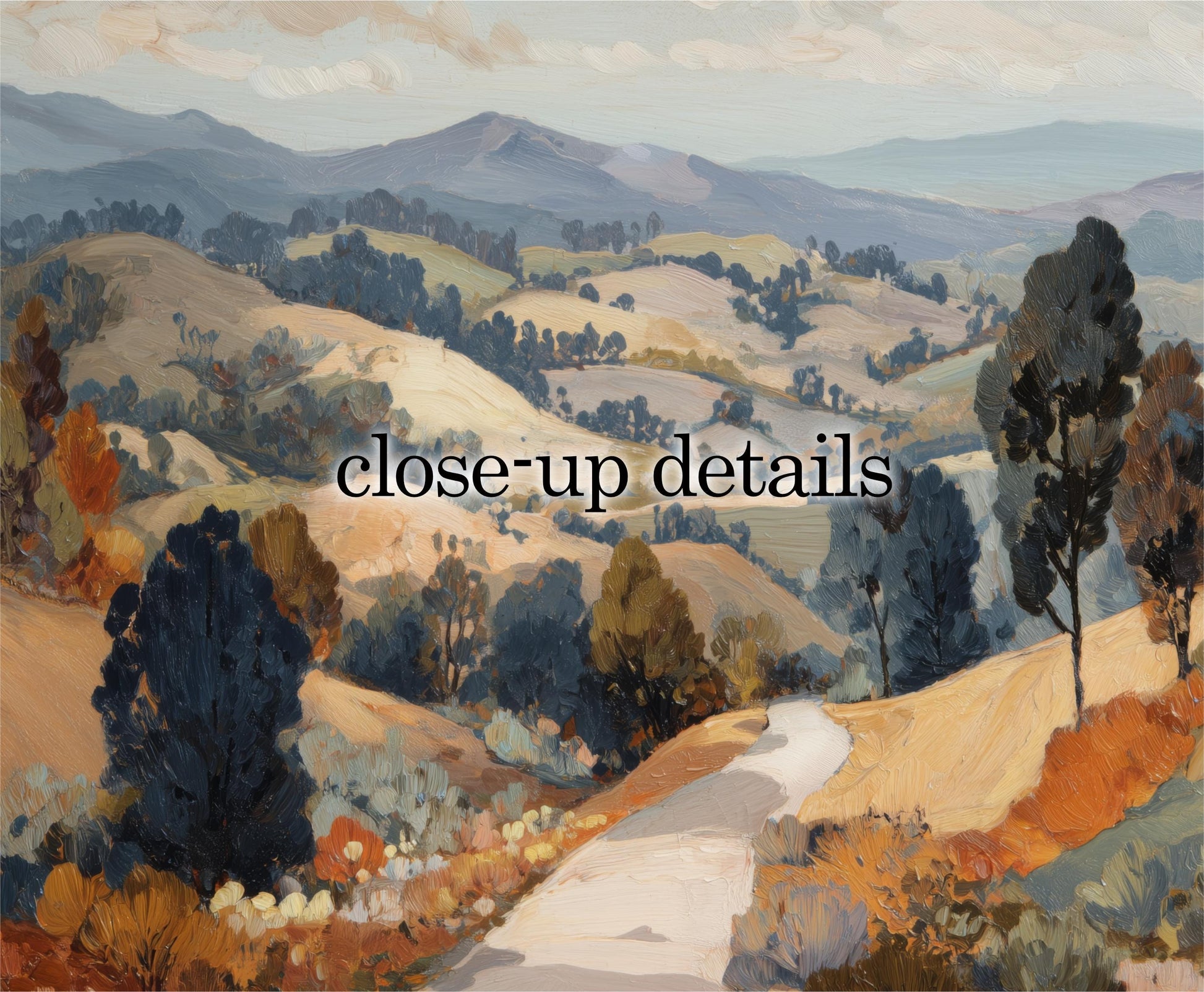 The image is a painting depicting a scenic countryside landscape with rolling hills, trees, and a winding road.