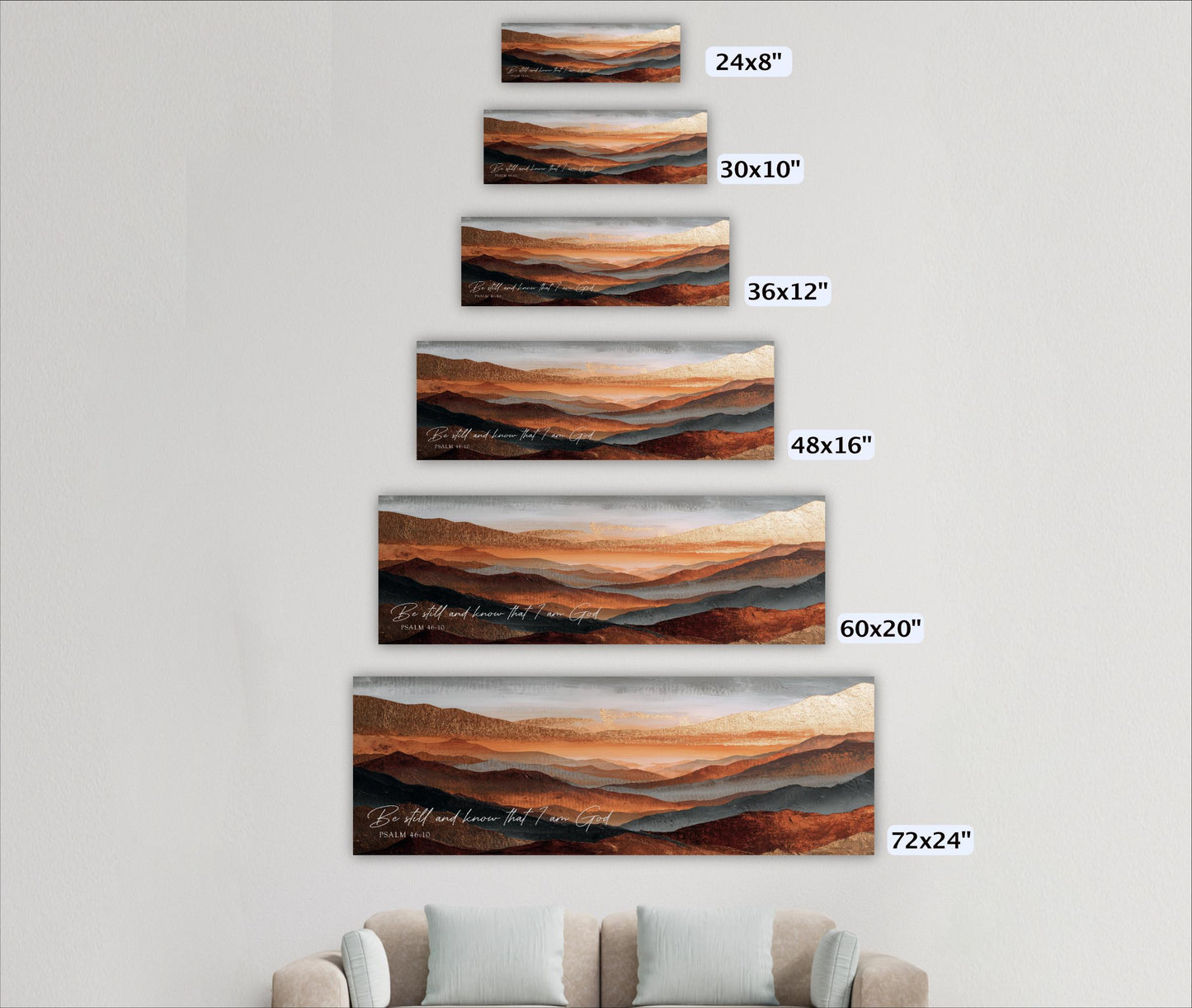 a series of landscape paintings or photographs, each varying in size, arranged in a vertical line on a wall.
