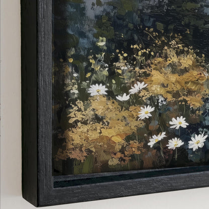 The image is a painting of a field of white flowers with green foliage, framed in a black frame.