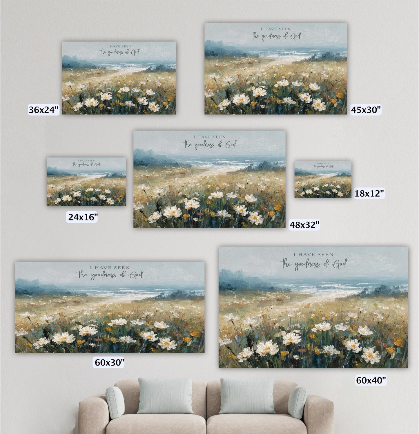 a collection of six different sizes of paintings or prints, each depicting a field of flowers. The text "I have seen" is visible in each image, suggesting that the viewer has observed the beauty of the flowers in the field.