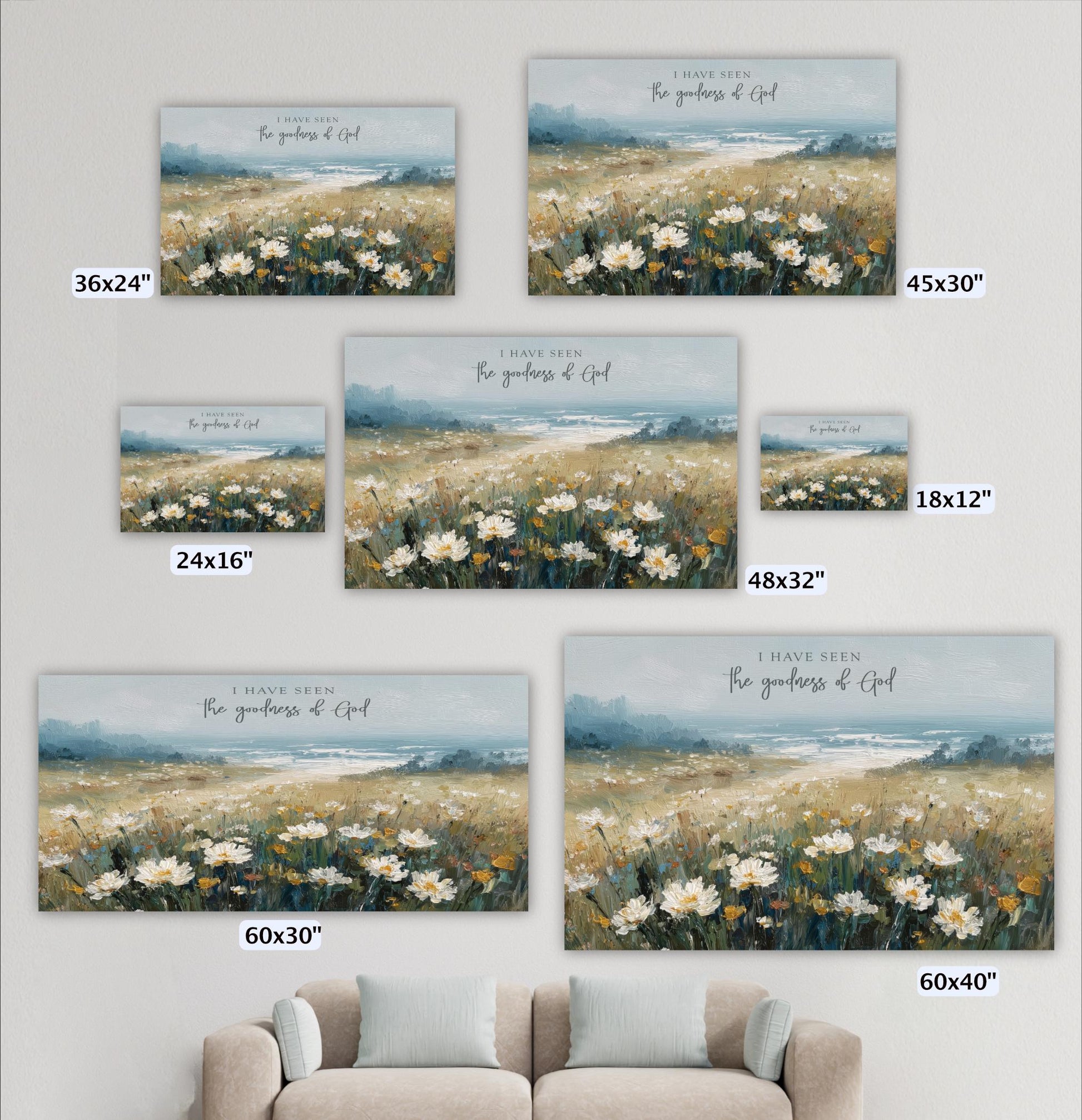 a collection of six different sizes of paintings or prints, each depicting a field of flowers. The text "I have seen" is visible in each image, suggesting that the viewer has observed the beauty of the flowers in the field.