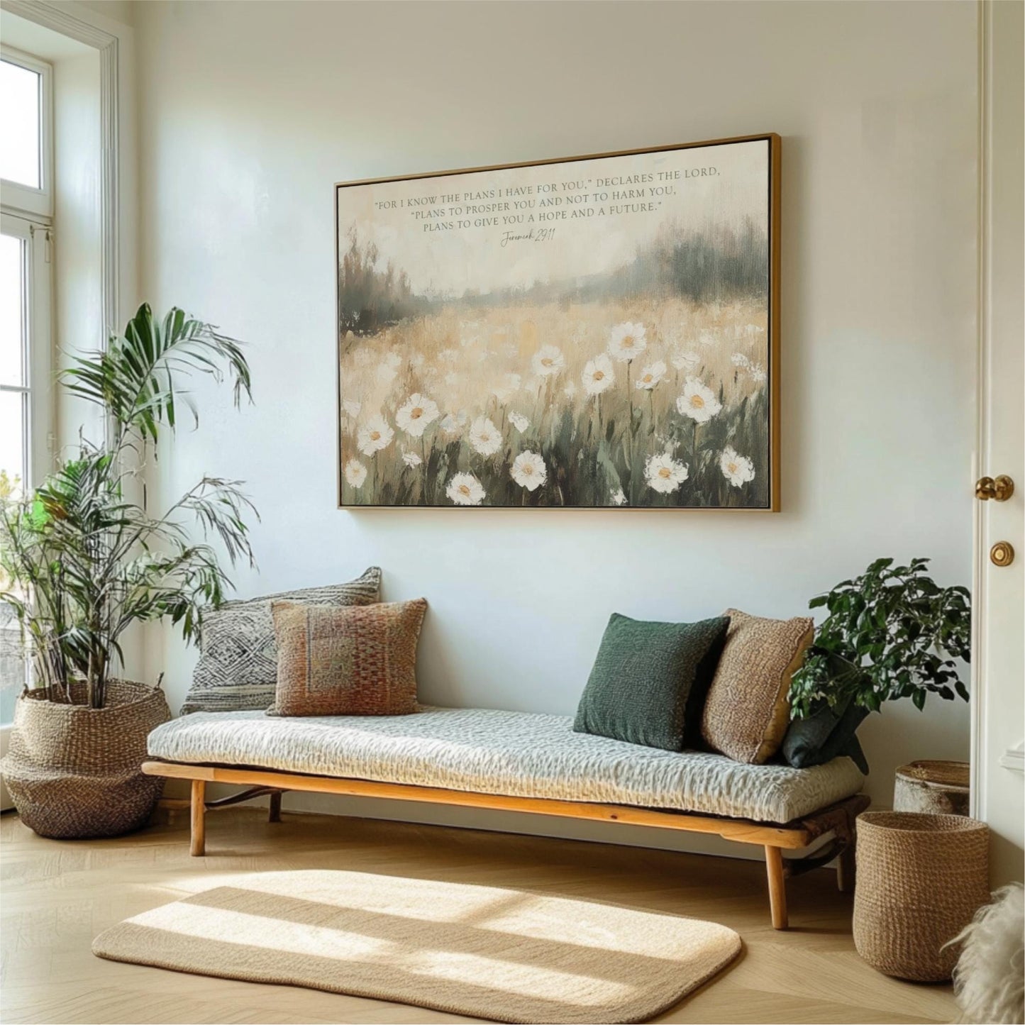 a serene living room with a large painting of a field of flowers hanging on the wall. The room is decorated with potted plants, a bench, and a rug, creating a cozy and inviting atmosphere.
