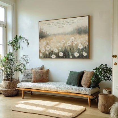 a serene living room with a large painting of a field of flowers hanging on the wall. The room is decorated with potted plants, a bench, and a rug, creating a cozy and inviting atmosphere.