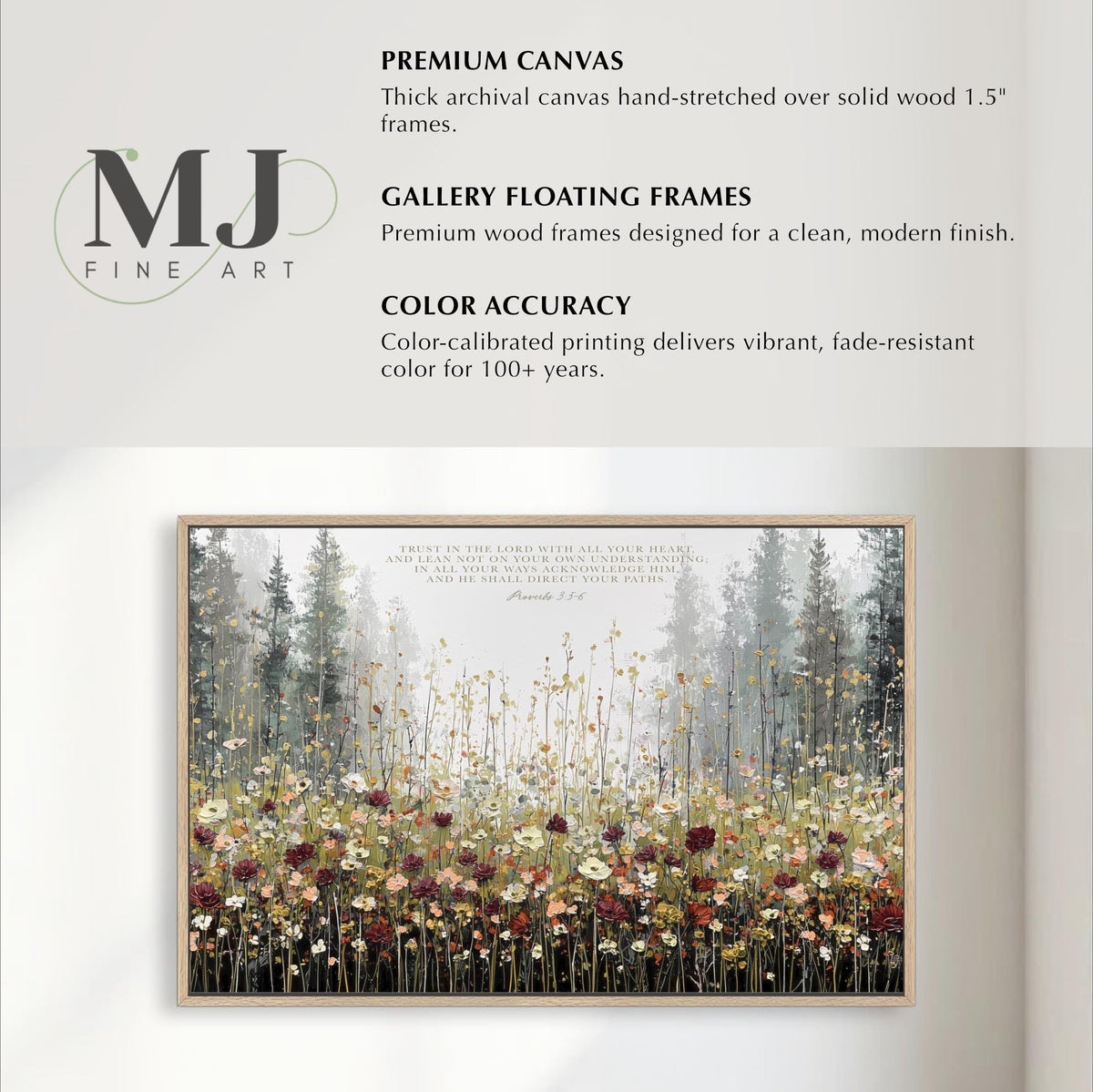 The image is a painting of a field of flowers with tall trees in the background. The painting is framed and appears to be a fine art piece.