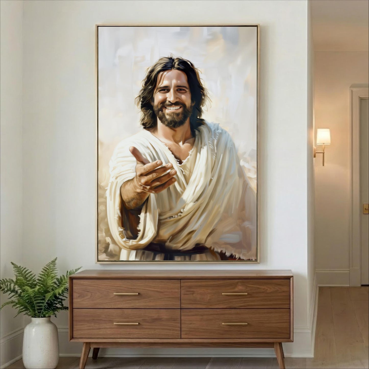 a large painting of Jesus Christ with a smiling expression, hanging on a wall above a wooden dresser.