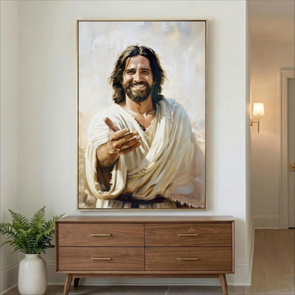 a large painting of Jesus Christ with a smiling expression, hanging on a wall above a wooden dresser.