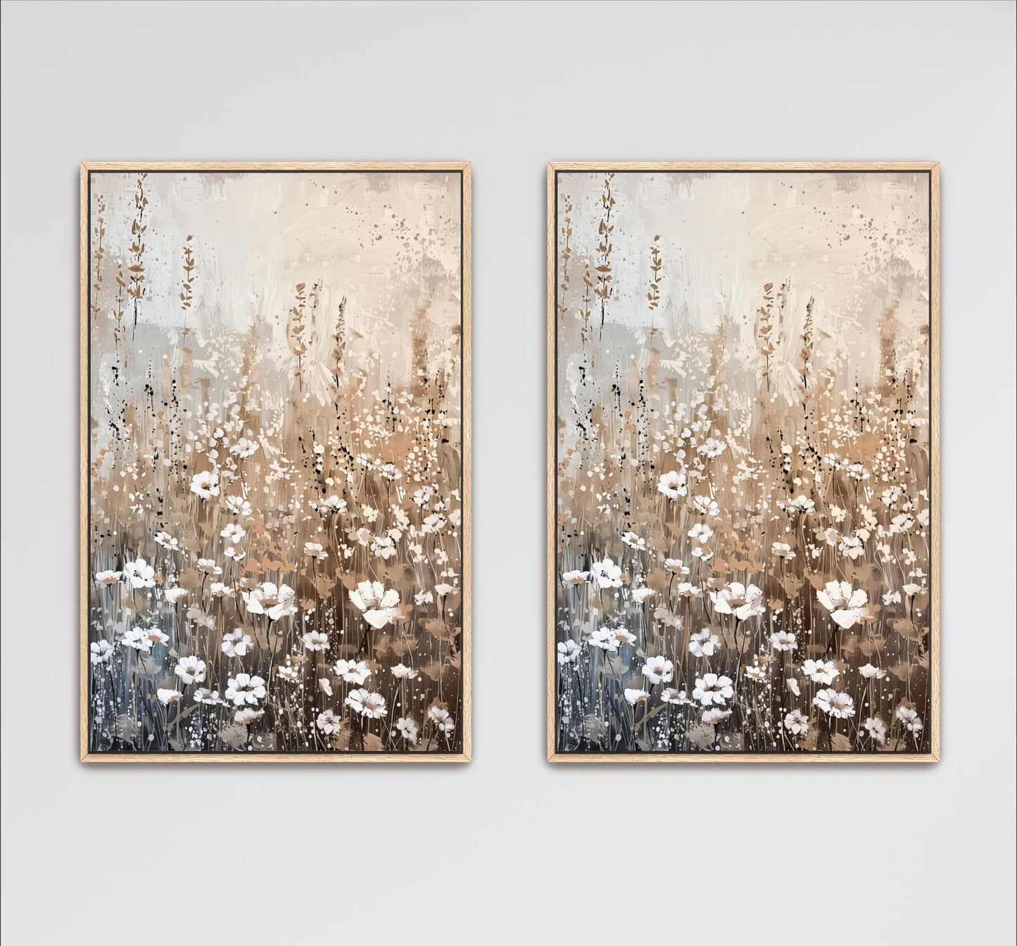 Wildflower Field Neutral Wall Art, Set of 2, Minimalist Canvas, Modern Farmhouse Large Framed Artwork Beige, Brown White