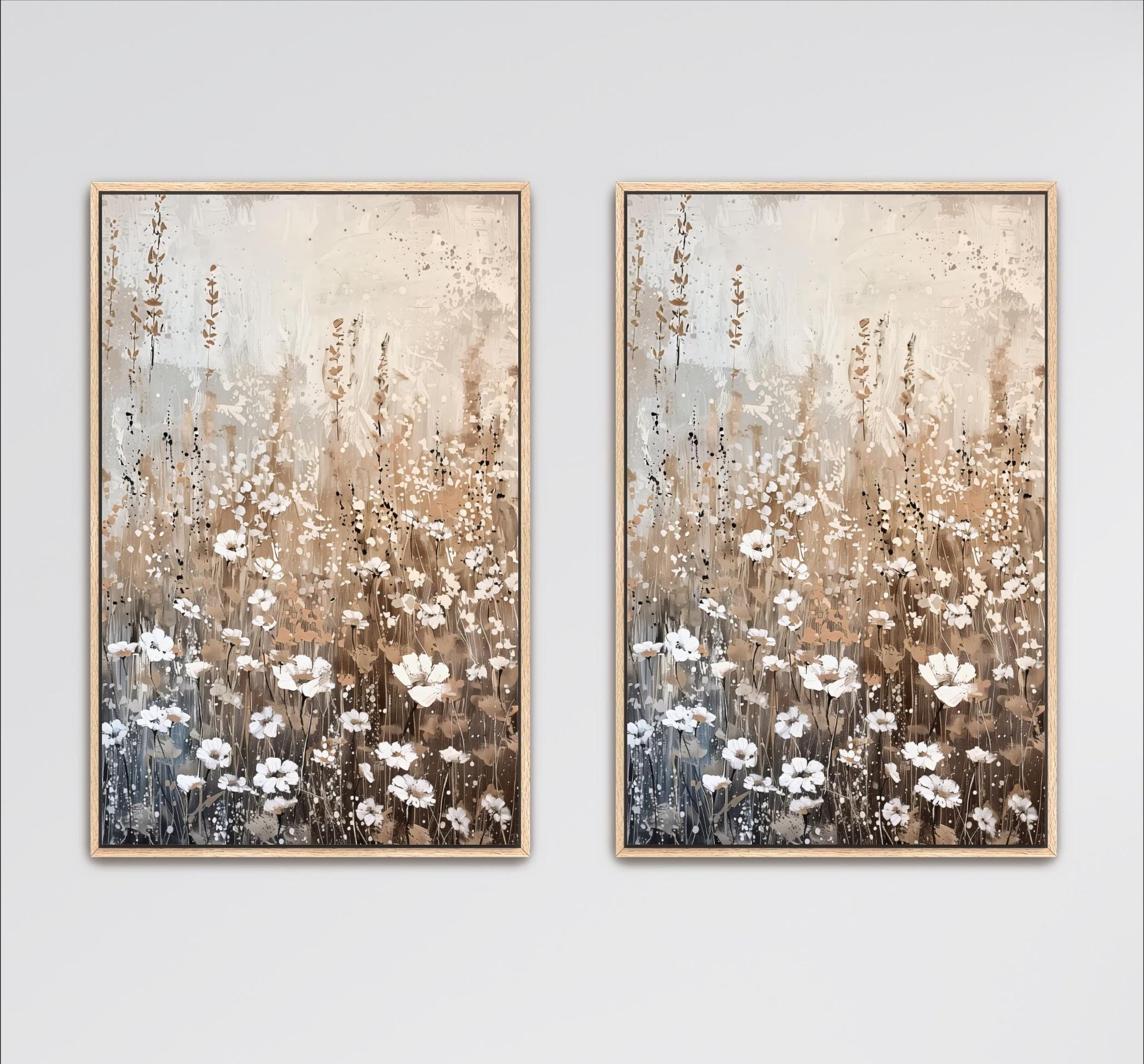 Wildflower Field Neutral Wall Art, Set of 2, Minimalist Canvas, Modern Farmhouse Large Framed Artwork Beige, Brown White