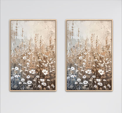 Wildflower Field Neutral Wall Art, Set of 2, Minimalist Canvas, Modern Farmhouse Large Framed Artwork Beige, Brown White