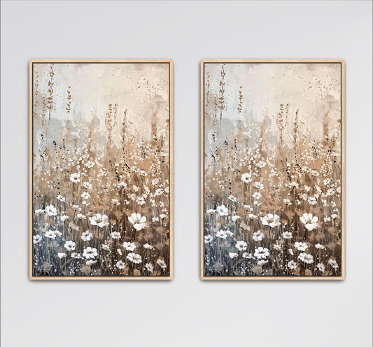 Wildflower Field Neutral Wall Art, Set of 2, Minimalist Canvas, Modern Farmhouse Large Framed Artwork Beige, Brown White