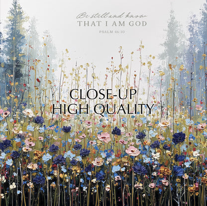 The image is a close-up of a field of colorful flowers, with a text overlay that reads "Be still and know that I am God" and "Close-up high quality".