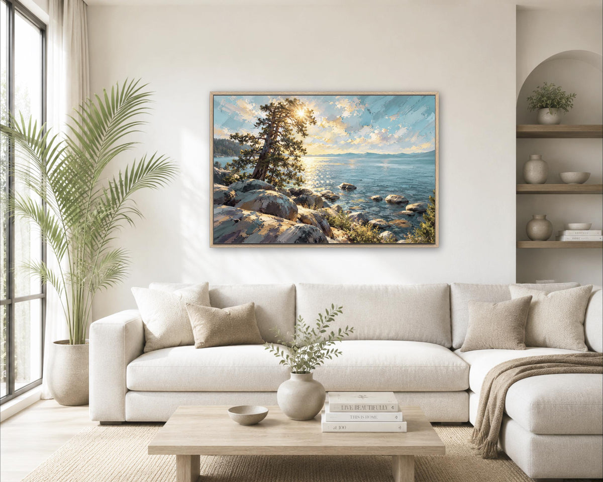 a serene living room with a large window, a white sofa, a wooden coffee table, and a framed landscape painting hanging on the wall.