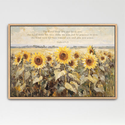 The image is a painting of a field of sunflowers, with a text overlay that reads "The Lord Bless you and keep you; the Lord make his face shine on you and begracious to you; the Lord turn his face towards you and give you peace."