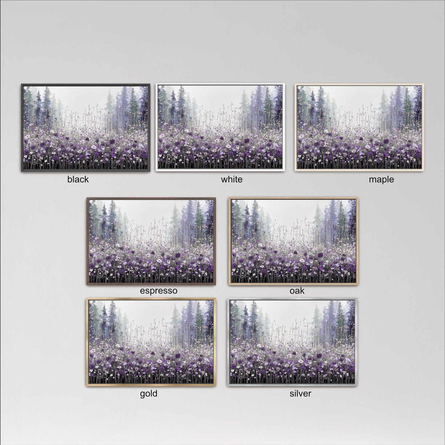 six framed pictures of a forest scene with purple flowers. Each picture is labeled with a different color, including black, white, maple, espresso, oak, and gold.