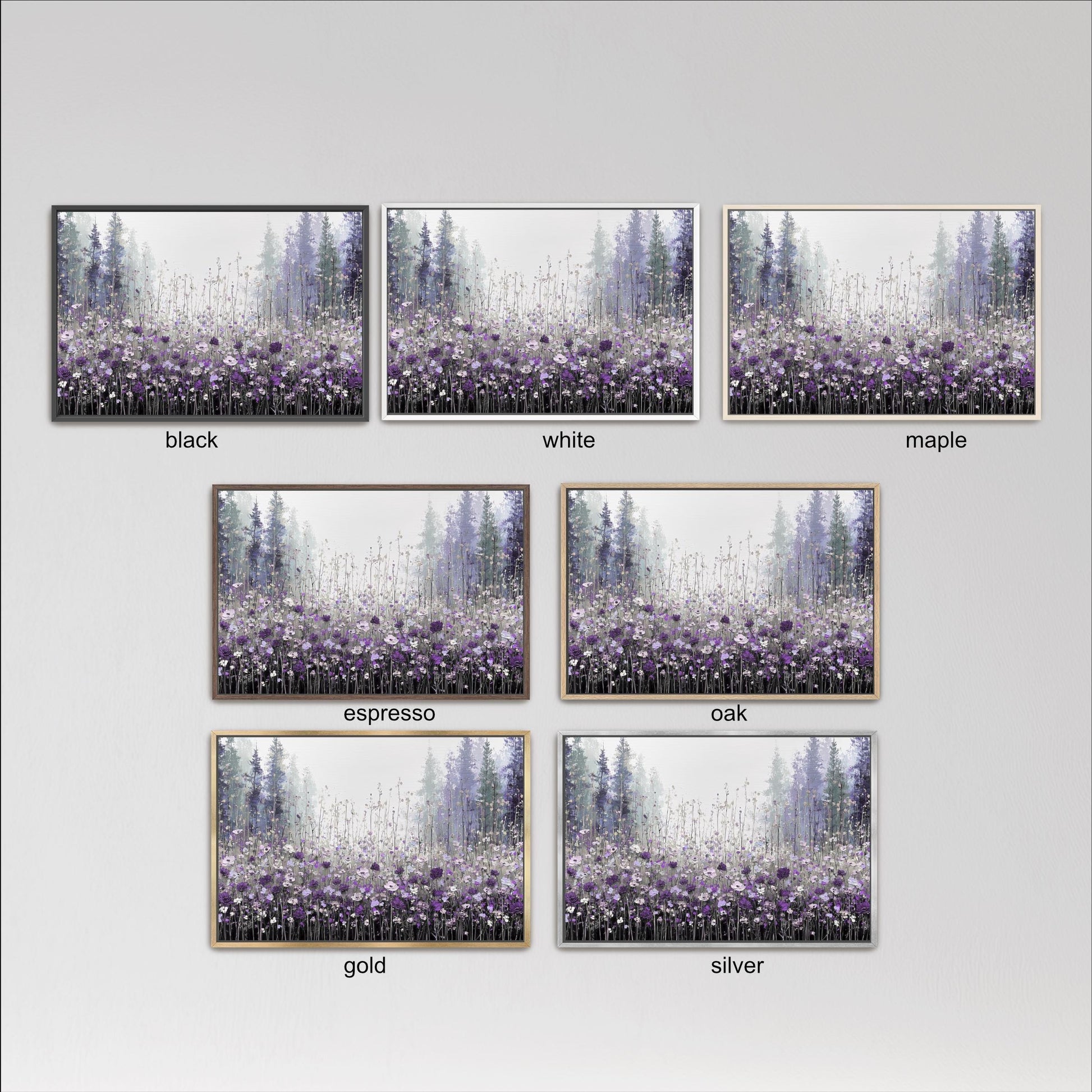 six framed pictures of a forest scene with purple flowers. Each picture is labeled with a different color, including black, white, maple, espresso, oak, and gold.