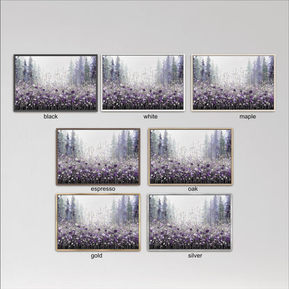 six framed pictures of a forest scene with purple flowers. Each picture is labeled with a different color, including black, white, maple, espresso, oak, and gold.