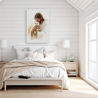 a serene bedroom scene with a large bed, white bedding, and a framed painting of Jesus holding a lamb hanging on the wall above the bed.