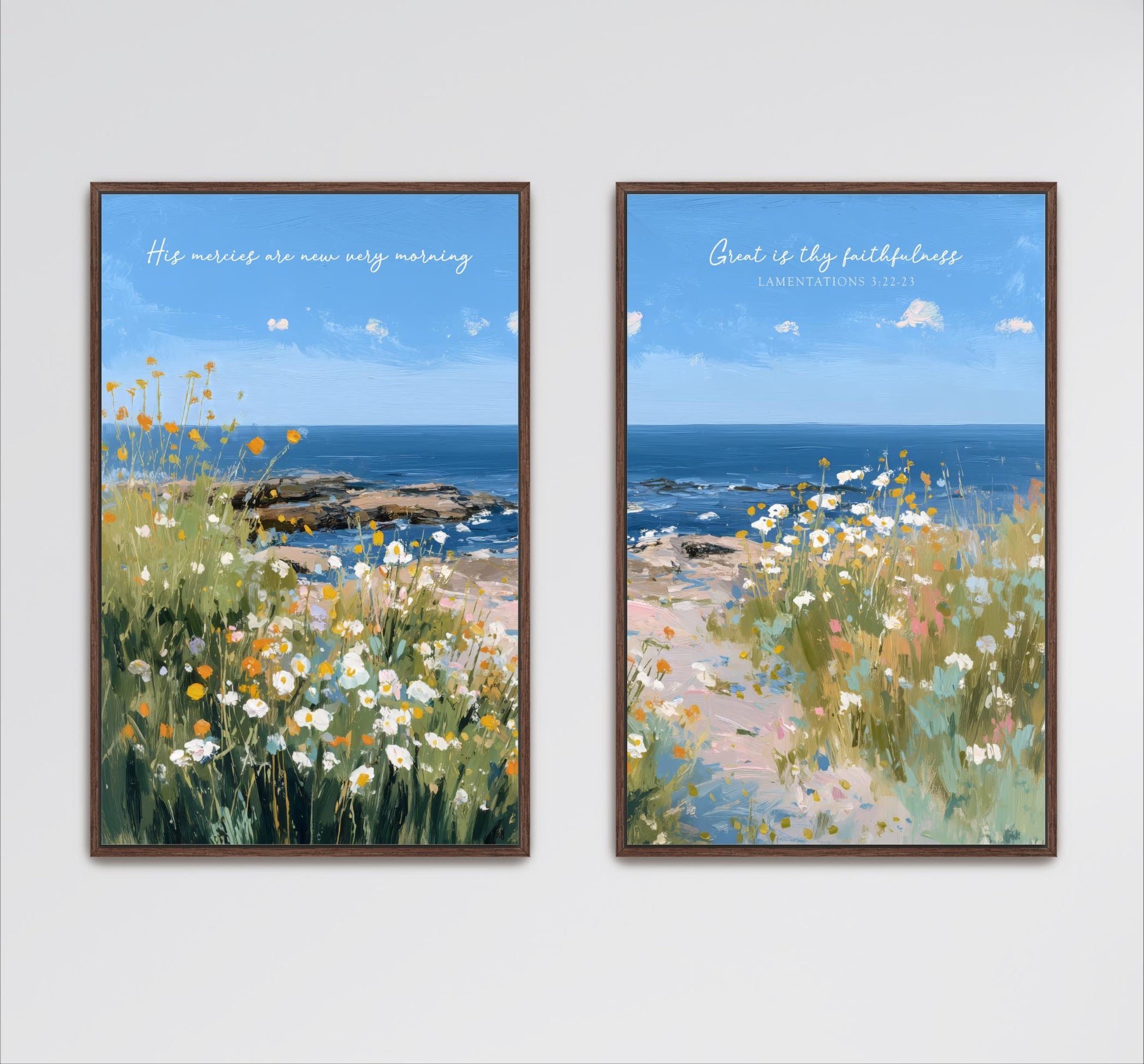 The image is a framed artwork depicting a serene coastal landscape with a field of flowers and a body of water in the background.