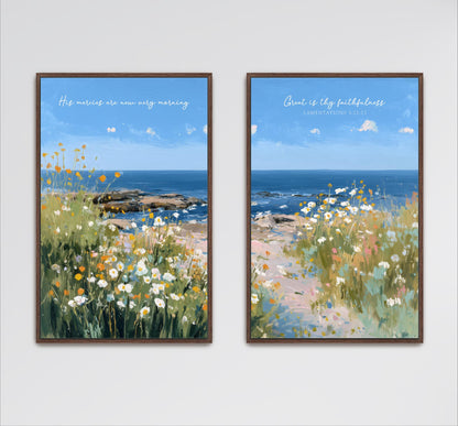 The image is a framed artwork depicting a serene coastal landscape with a field of flowers and a body of water in the background.