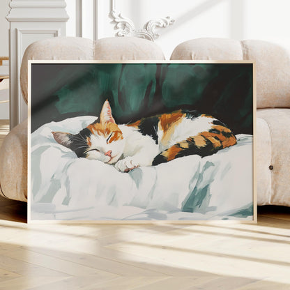 a painting of a cat sleeping on a bed