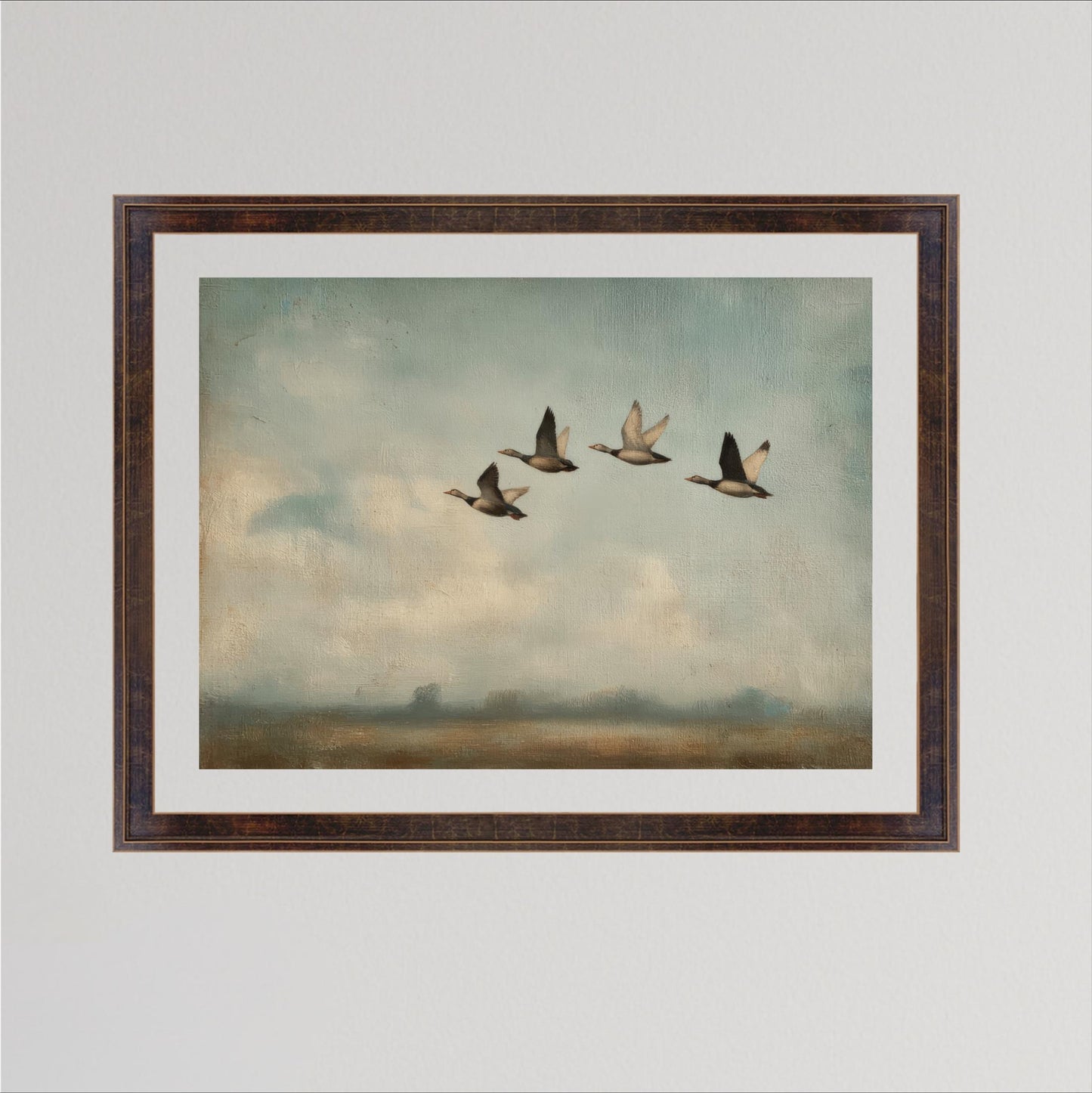 A framed painting depicting four ducks flying in a line across a cloudy sky.