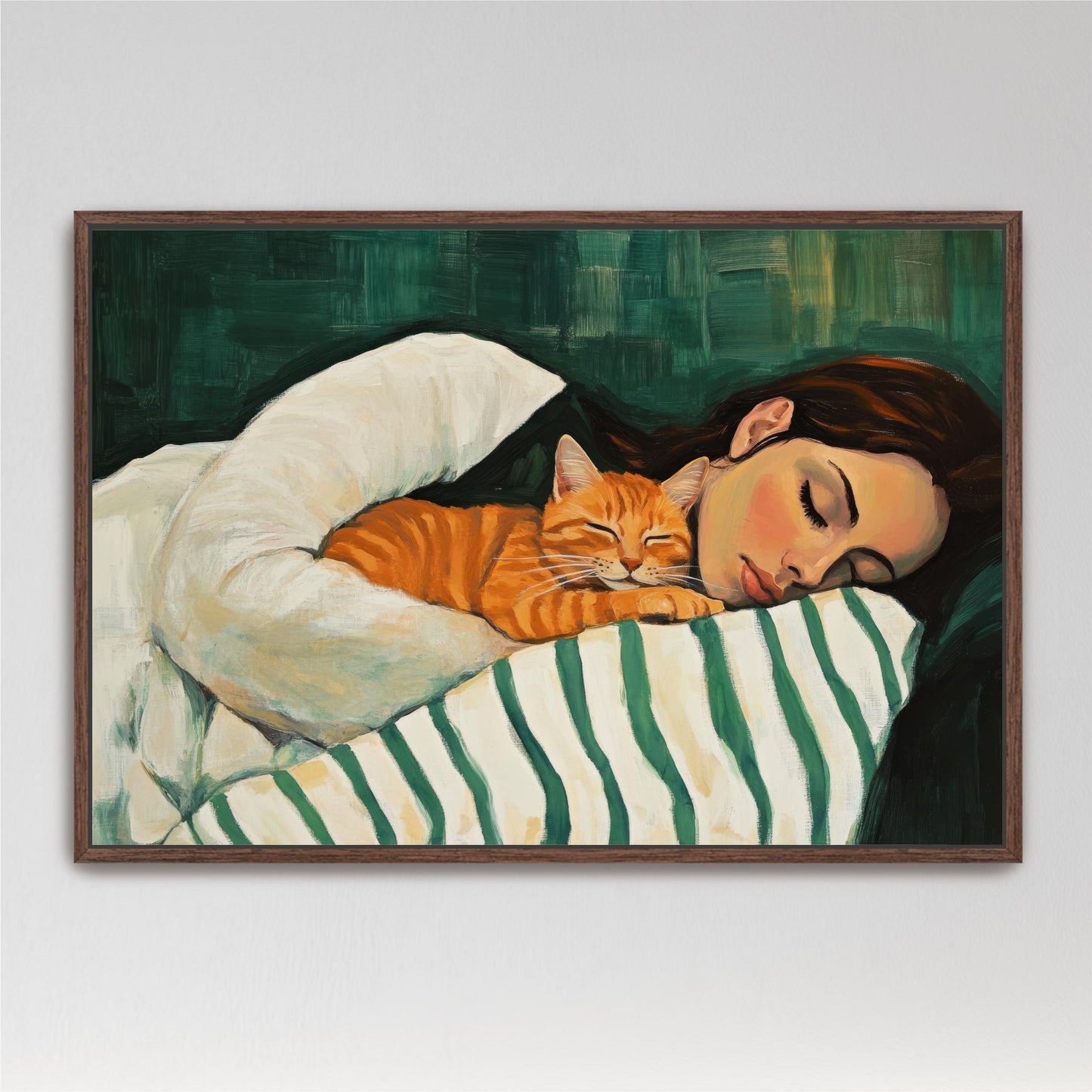 a painting of a woman laying in bed with a cat