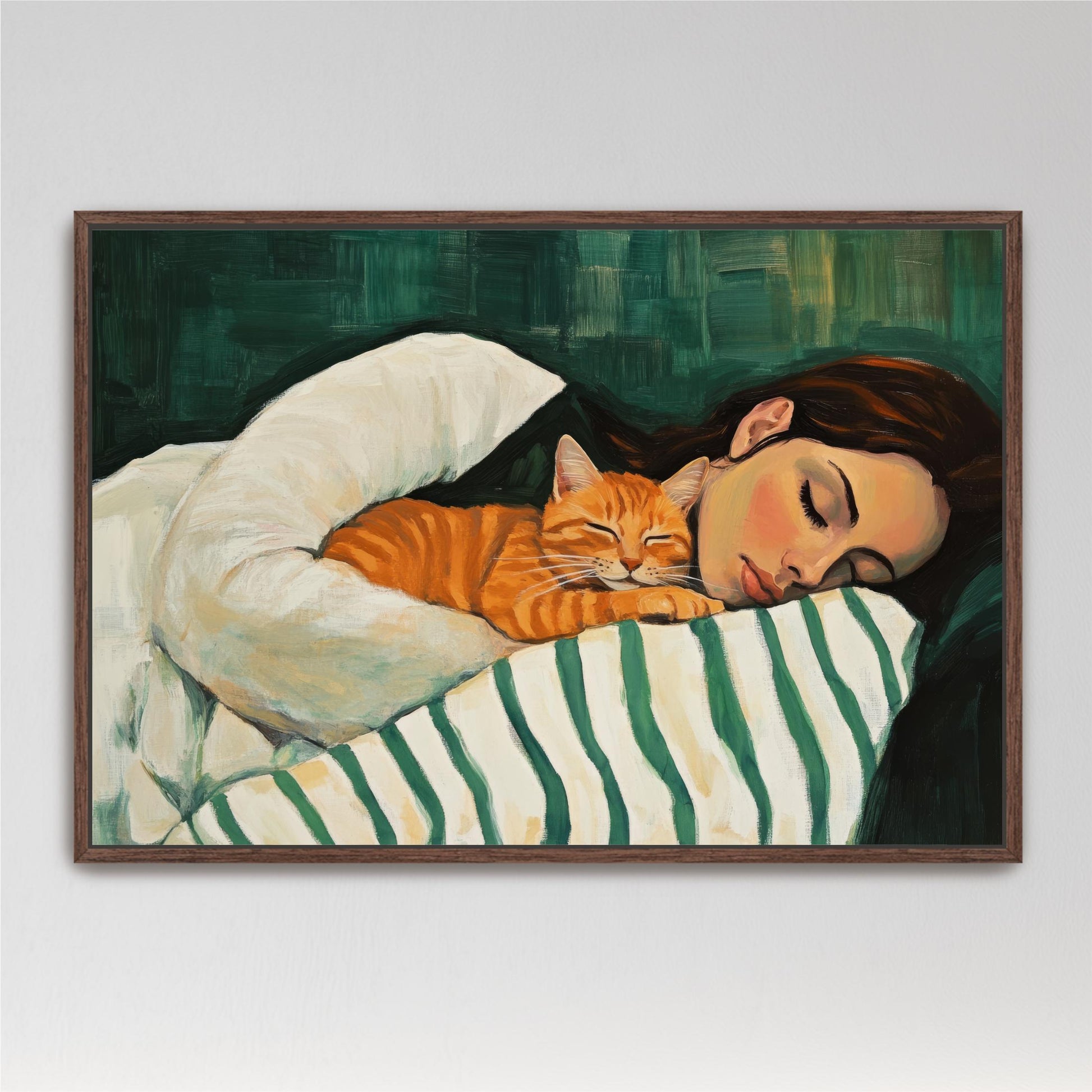 a painting of a woman laying in bed with a cat