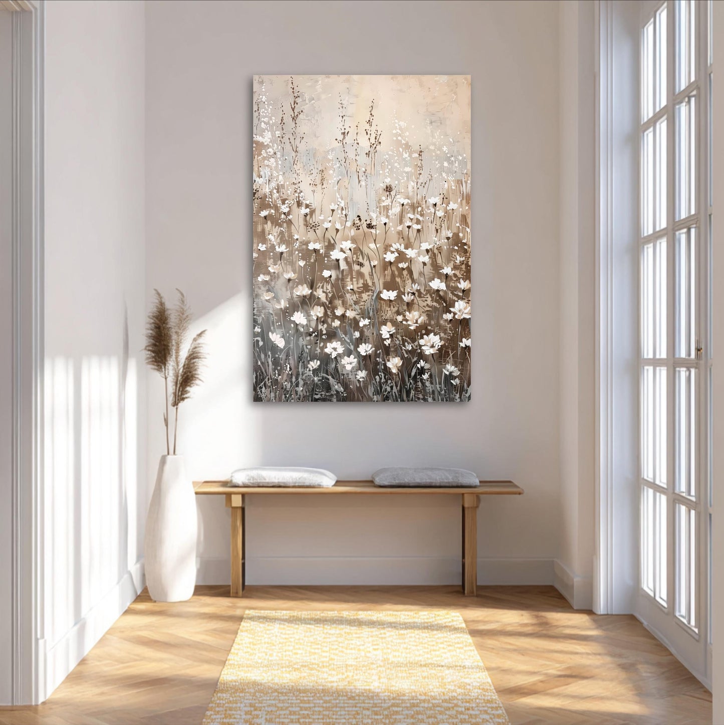 a serene and minimalist living space with a large painting of flowers hanging on the wall above a wooden bench. The painting is predominantly brown and white, with the flowers depicted in shades of white and brown. The room has a clean, white color scheme with a wooden floor and a yellow rug, creating a warm and inviting atmosphere.