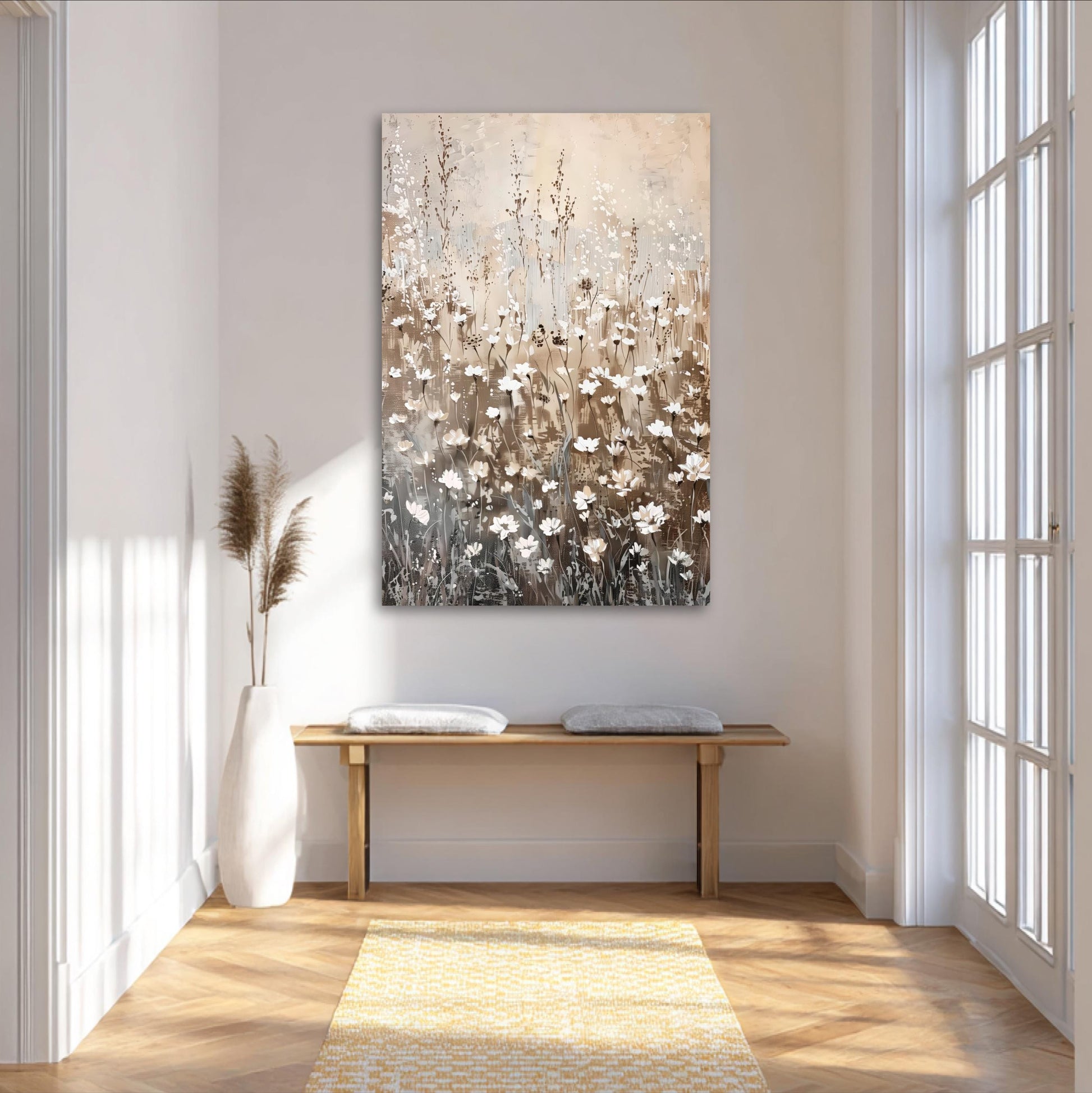 a serene and minimalist living space with a large painting of flowers hanging on the wall above a wooden bench. The painting is predominantly brown and white, with the flowers depicted in shades of white and brown. The room has a clean, white color scheme with a wooden floor and a yellow rug, creating a warm and inviting atmosphere.
