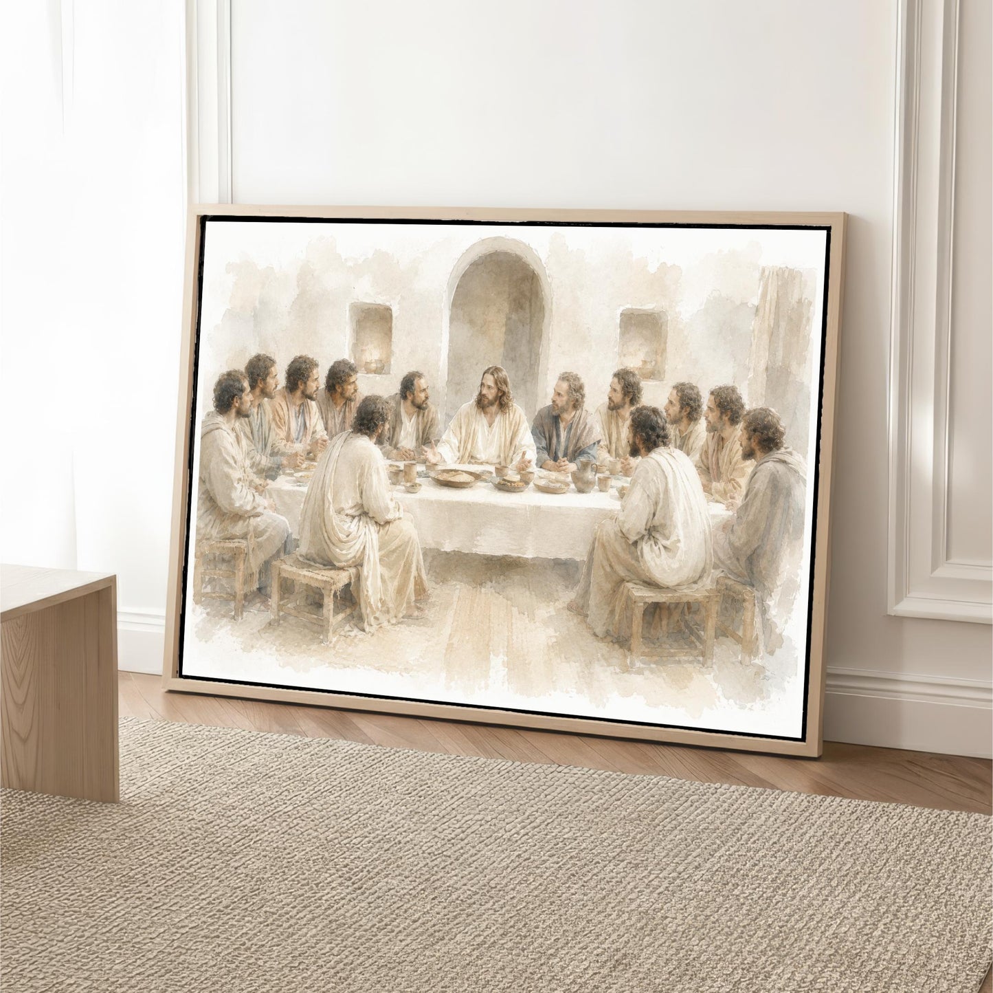 The image is a framed painting depicting a scene from the Bible, specifically the Last Supper.