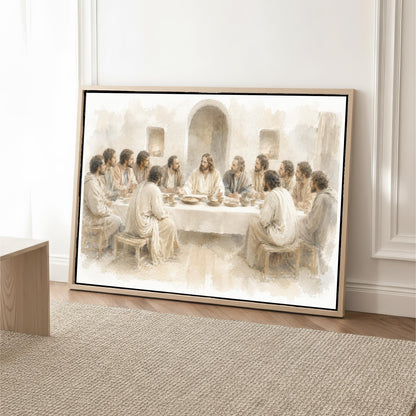 The image is a framed painting depicting a scene from the Bible, specifically the Last Supper.