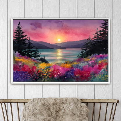 The image is a framed painting depicting a serene landscape with a sunset over a body of water, surrounded by trees and colorful flowers.