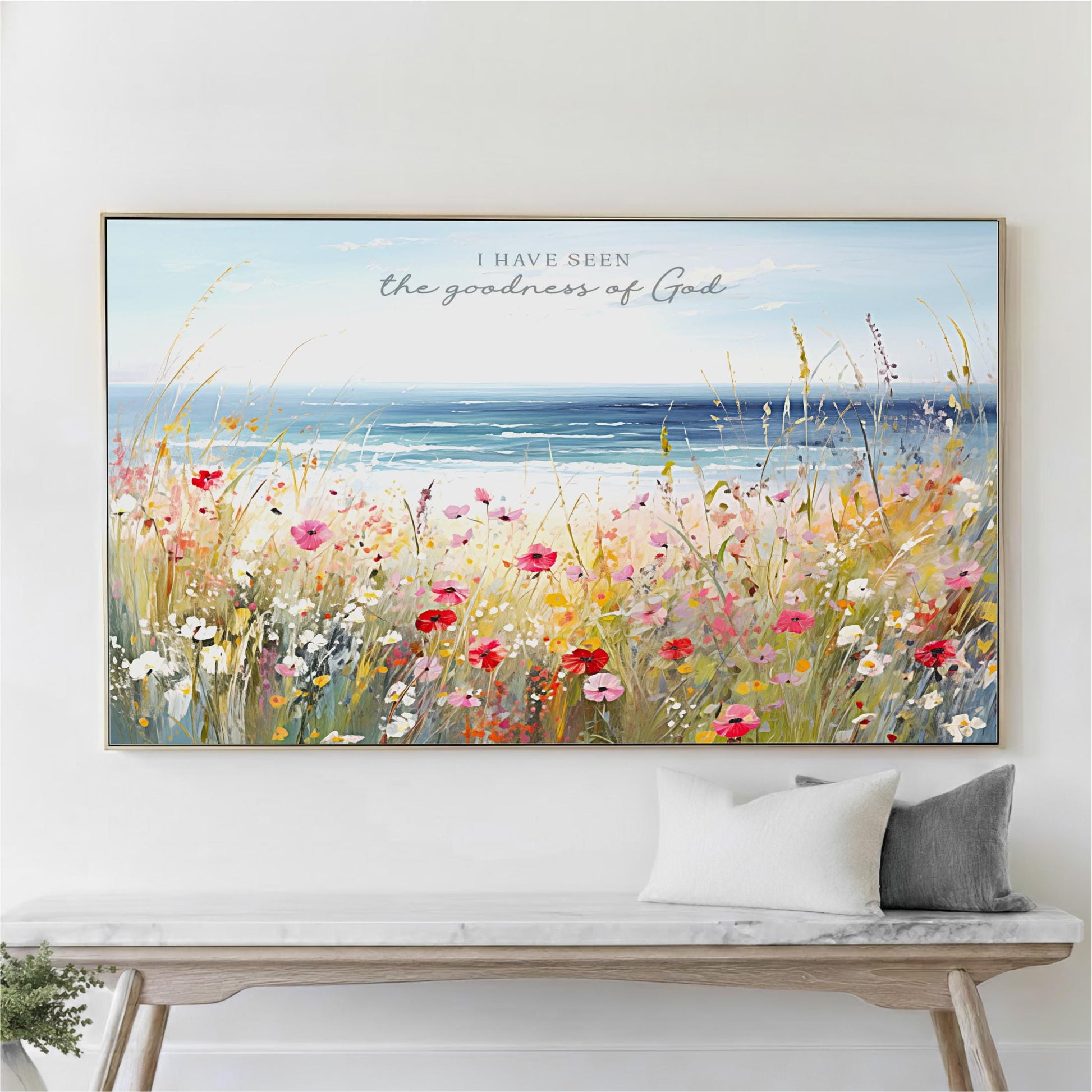 Goodness of God Wall Art: Wildflower Coastal Landscape, Colorful Floral Seascape, Christian Decor