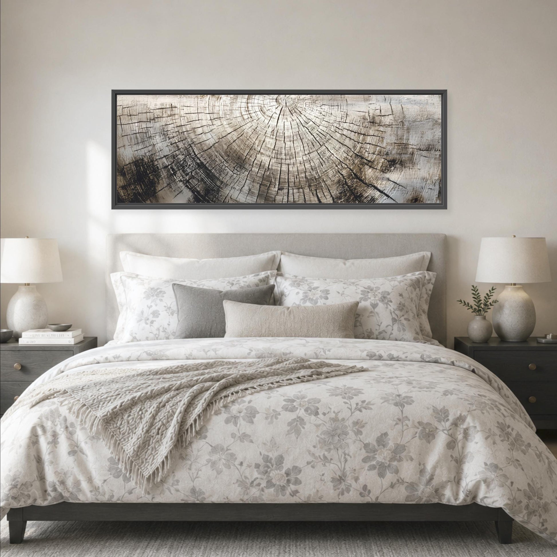 a serene and cozy bedroom with a large bed adorned with a floral comforter and pillows. Above the bed, there is a framed artwork featuring a tree trunk design. The room is decorated with two nightstands, each with a lamp, and a vase with greenery. The overall color scheme of the room is neutral, creating a calm and inviting atmosphere.
