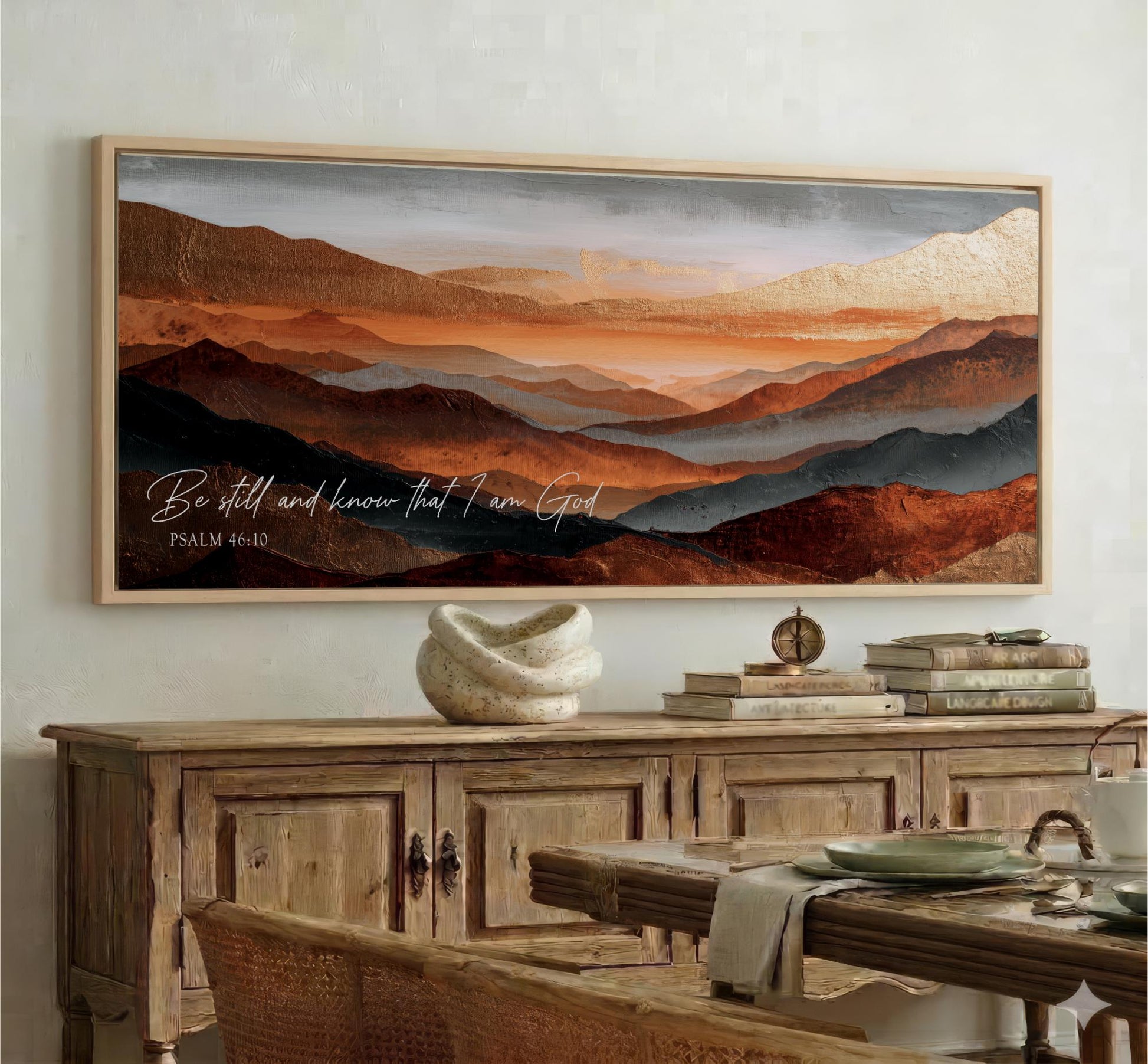 a large framed painting of a mountainous landscape with warm colors, hanging on a wall above a wooden cabinet.