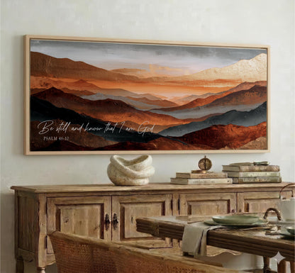 a large framed painting of a mountainous landscape with warm colors, hanging on a wall above a wooden cabinet.