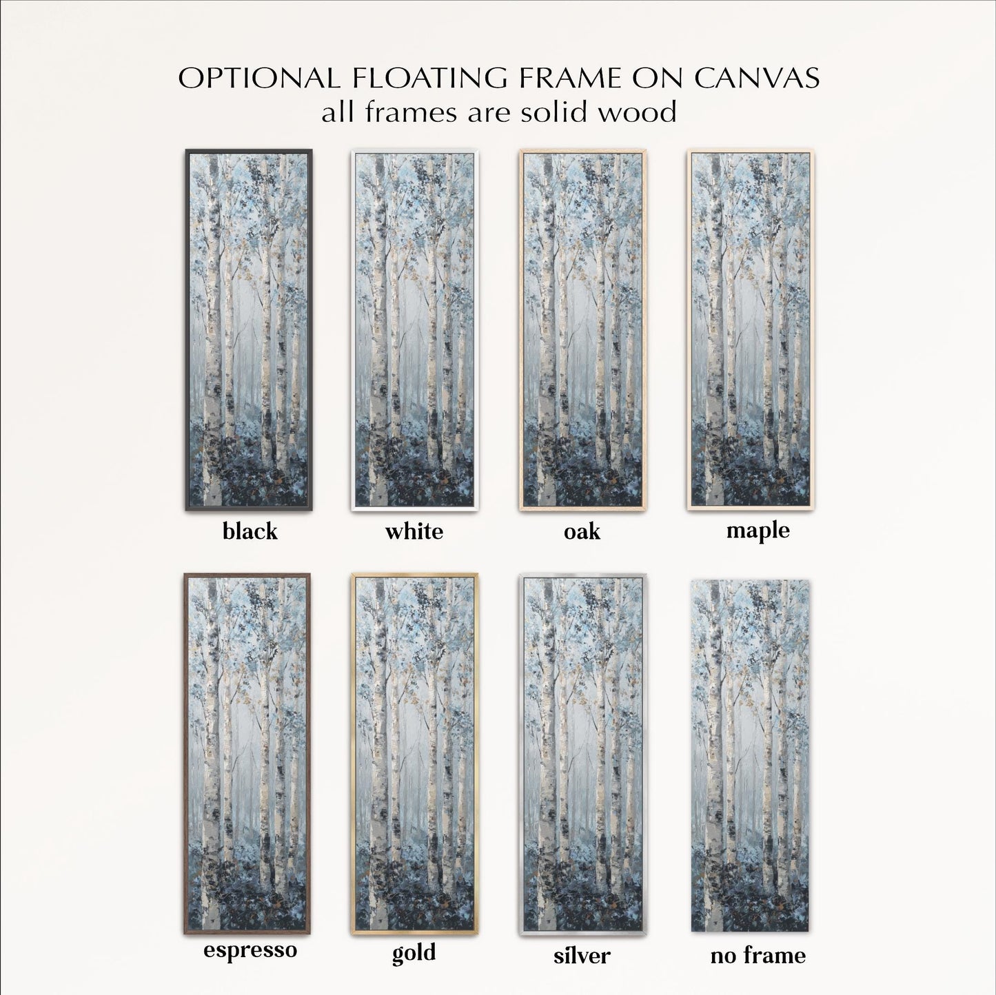 a collection of eight framed paintings of trees, each with a different frame color and style. The frames are described as solid wood, and the paintings are in various colors, including black, white, oak, maple, espresso, gold, silver, and no frame.
