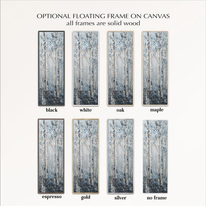 a collection of eight framed paintings of trees, each with a different frame color and style. The frames are described as solid wood, and the paintings are in various colors, including black, white, oak, maple, espresso, gold, silver, and no frame.