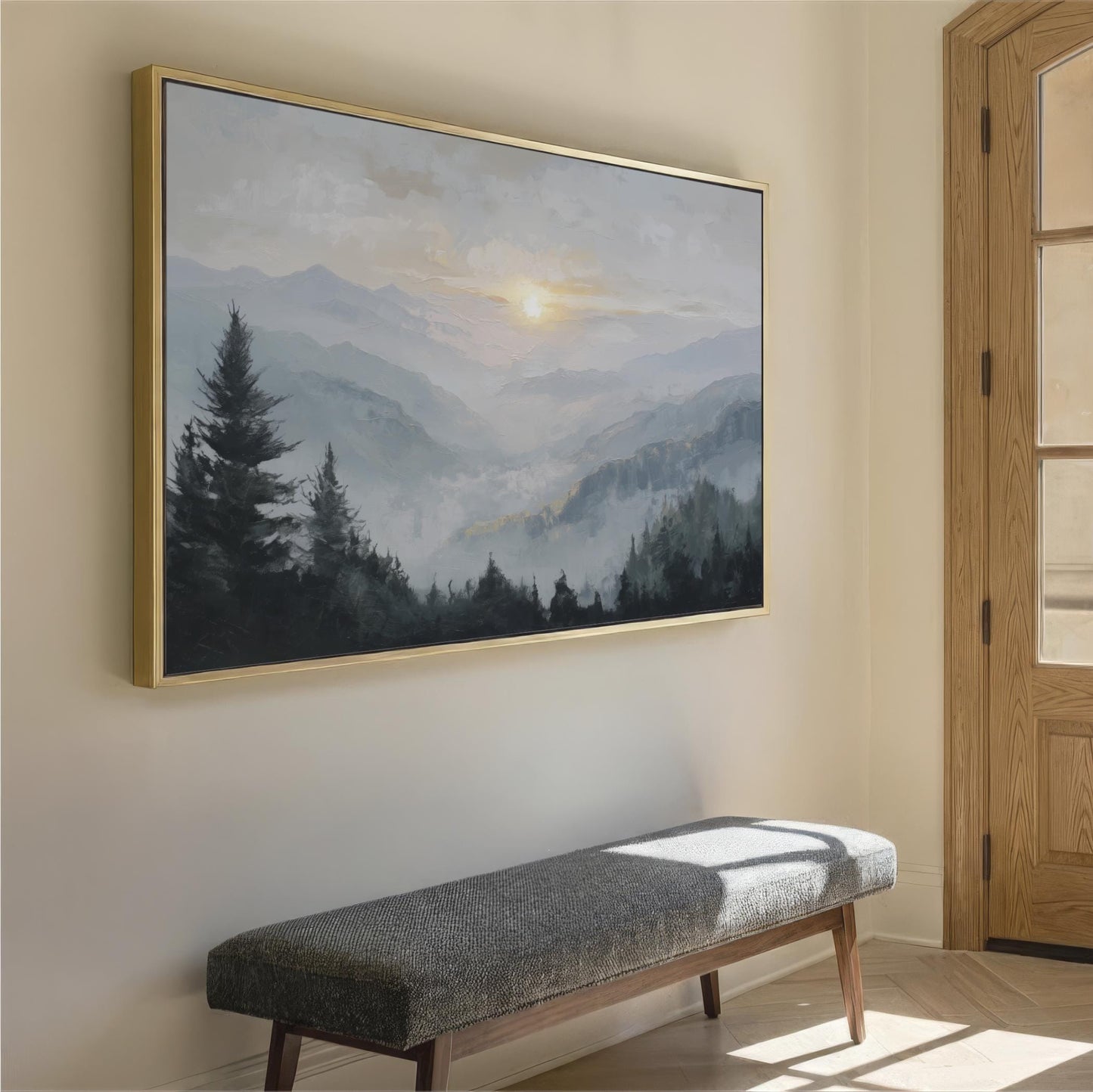 Forest Mountain Sunset Framed Wall Art, Abstract Blue, Gray Landscape Canvas Print, Sun Nature Decor, Pine Trees, Large Horizontal ArtWork