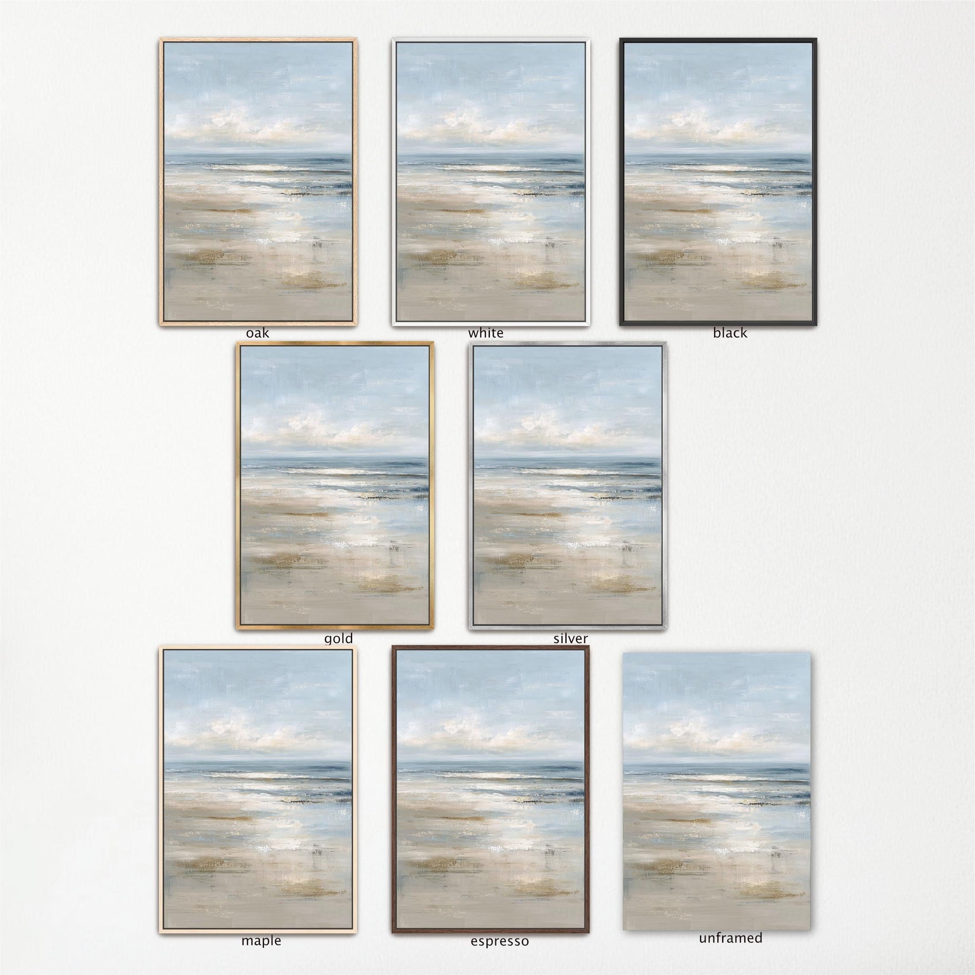a collection of nine framed landscape paintings, each with a different color and frame style, arranged in a grid-like pattern.