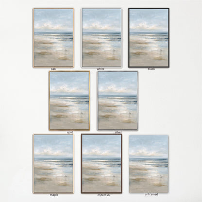 a collection of nine framed landscape paintings, each with a different color and frame style, arranged in a grid-like pattern.